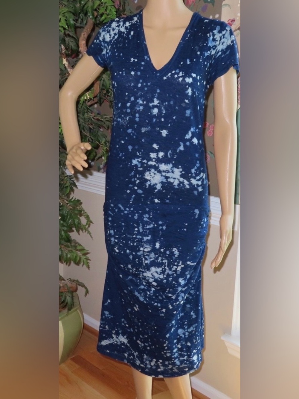 MONROW Bleach Splatter V-Neck Ruched T-Shirt Dress / M